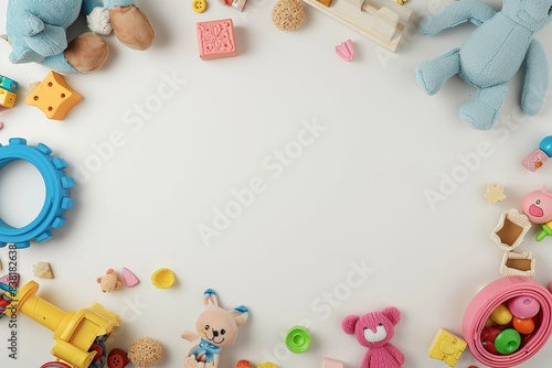 Baby kids toys frame on white background. Top view. Flat lay. Copy space for text, Generative AI