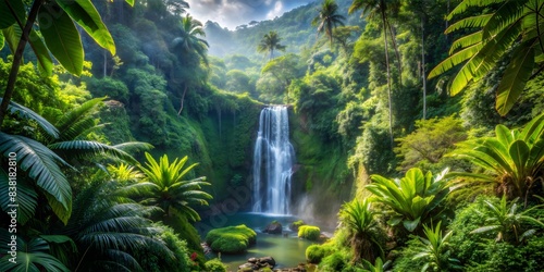 Dense jungle with exotic plants and a waterfall in the distance, wild and untamed photo