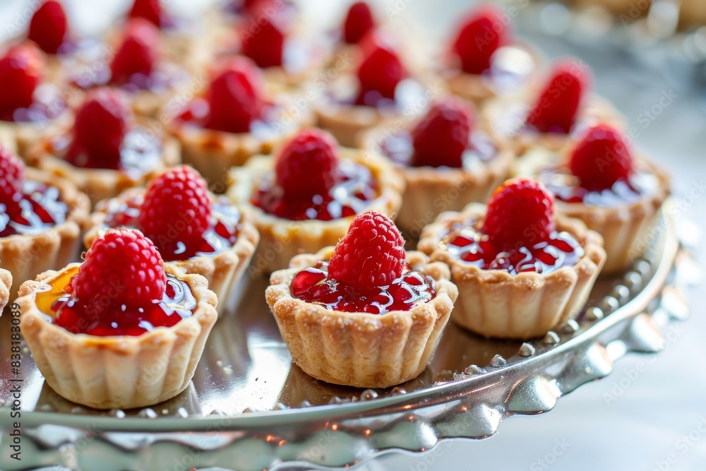 Mini Berries Pies With Raspberries On Top Arranged On a Tray, Closeup, Confectionery Advertising Concept