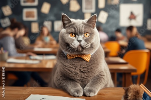 Portrait of a funny british shorthair cat in lively classroom background