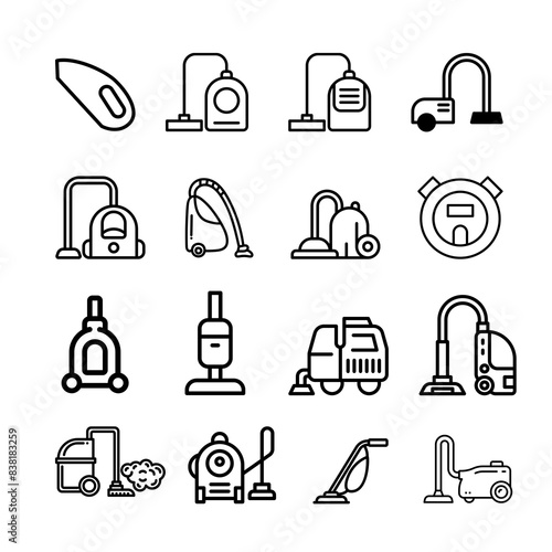 Icon set. Dust and sofa cleaning tools. Vacuum cleaner . Line vector illustration.