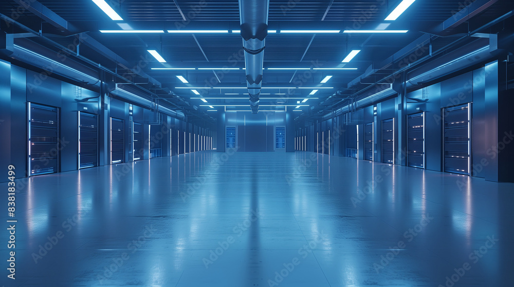 Fototapeta premium empty, but clean and sharp high tech warehouse, with some sophisticated computer system, clear white vibe