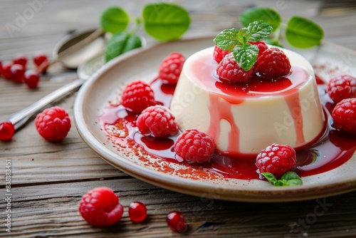 Panna Cotta Dessert With Raspberries And Berry Jam On A White Plate, Closeup, Confectionery Advertise Concept