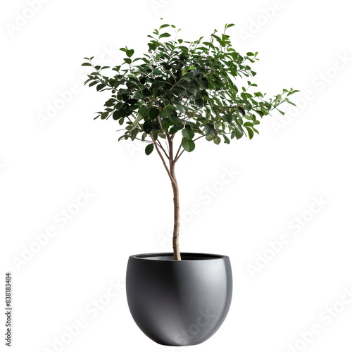 Minimalist tree in sleek black pot. Modern home decor, lush greenery on transparent background, png format. photo