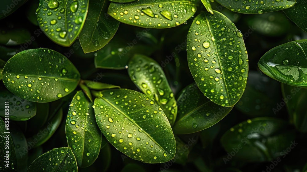 Close-up of green leaves covered in water droplets, showcasing nature's beauty and freshness. Ideal for backgrounds and nature-themed projects. Close-up of green leaves covered in water droplets, showcasing nature's beauty and freshness. Ideal for backgrounds and nature-themed projects.