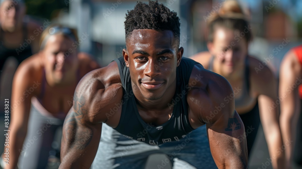 Urban Fitness Community: Create a scene of an urban fitness community with group workouts, outdoor activities, Urban Fitness Community: Create a scene of an urban fitness community with group workouts, outdoor activities,