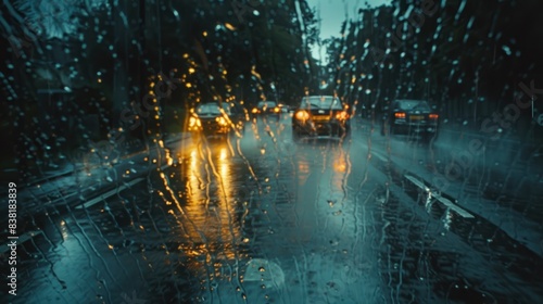 View of a car driving through heavy rain © suteeda
