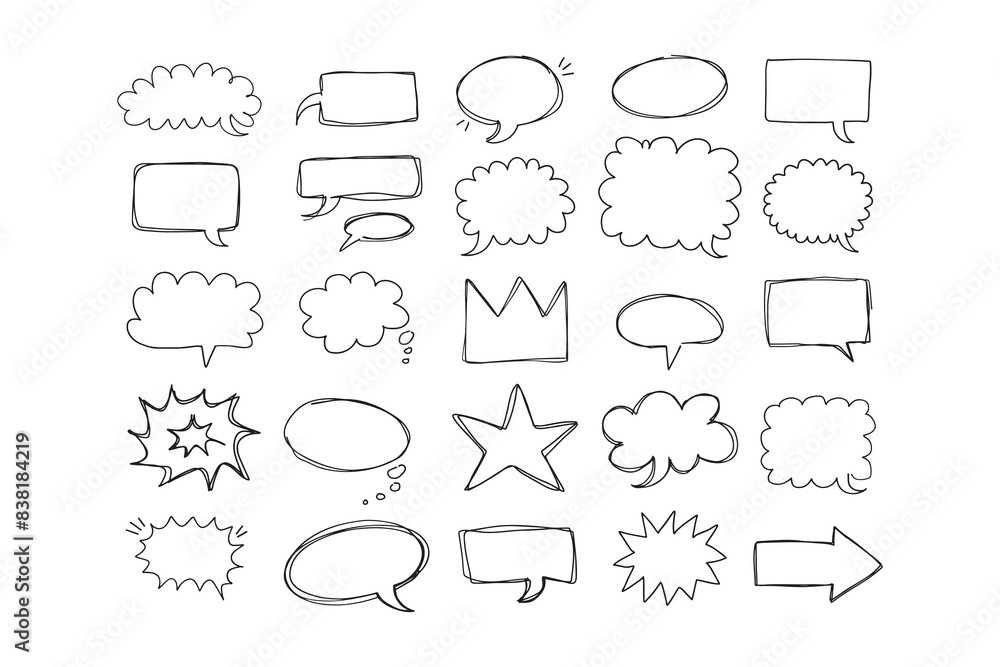 Obraz premium Speaking hand drawn doodle bubbles set. Talk clouds sketch frames. Speech thought Balloon shapes.