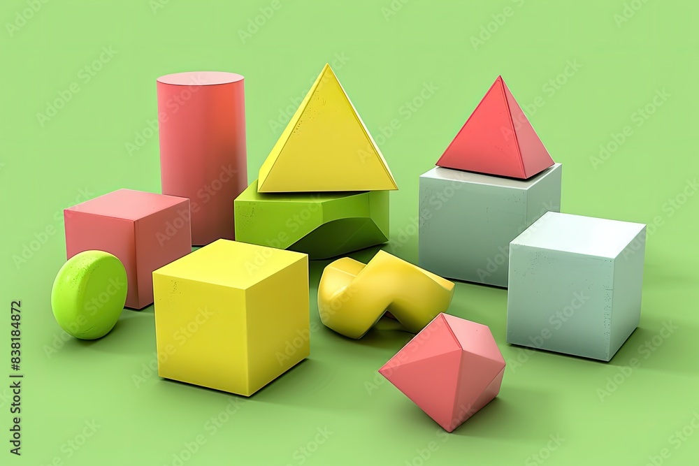 Colorful geometric shapes on a green background. Various 3D forms including cubes, pyramids, and cylinders in playful arrangement. Colorful geometric shapes on a green background. Various 3D forms including cubes, pyramids, and cylinders in playful arrangement.