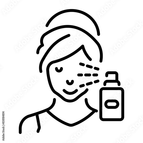 Woman applying face mist, line style icon 
