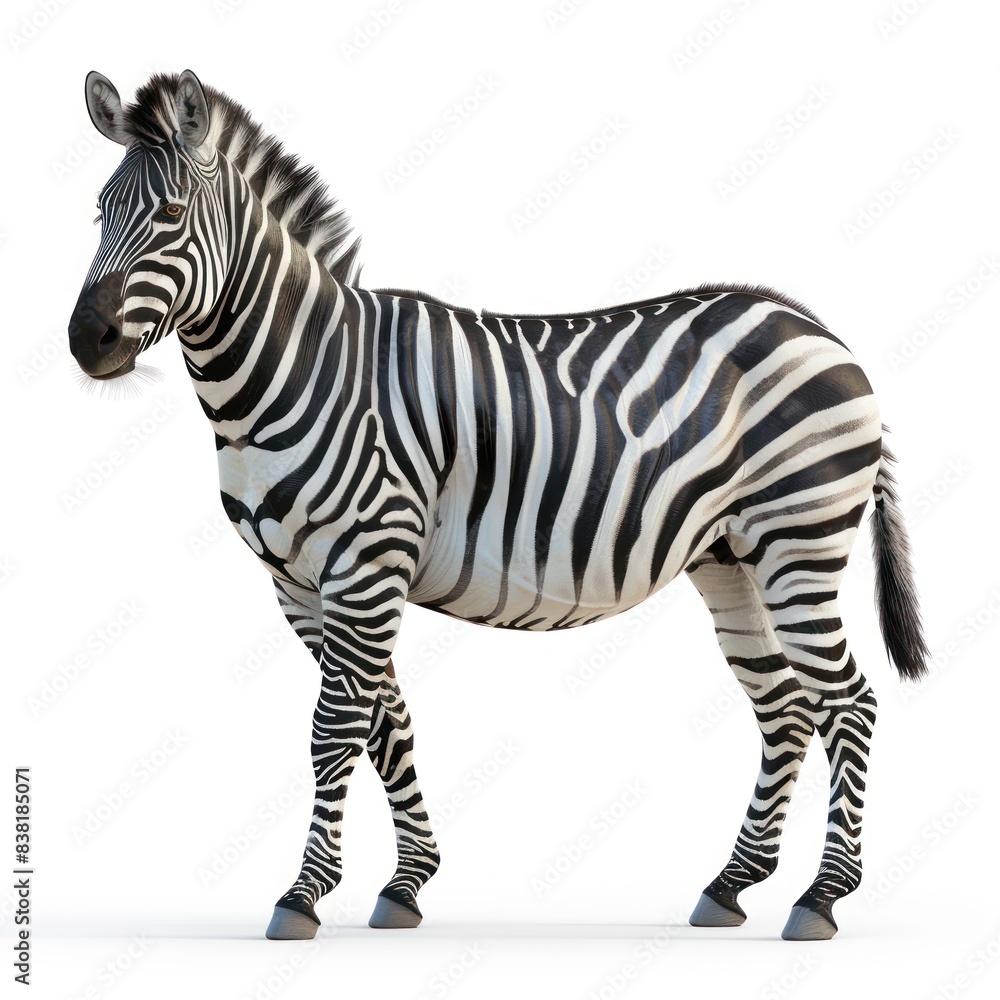 Isolated on white background, high-resolution image of a majestic zebra in natural pose Isolated on white background, high-resolution image of a majestic zebra in natural pose