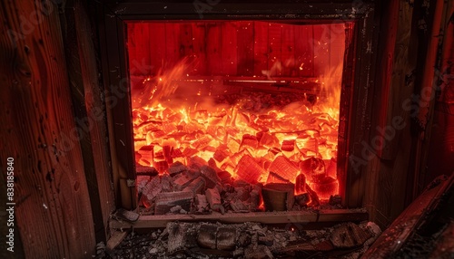 Dramatic Scene of Fiery Embers in an Antique Wooden Room: A Haunting View of Blaze and Sparks