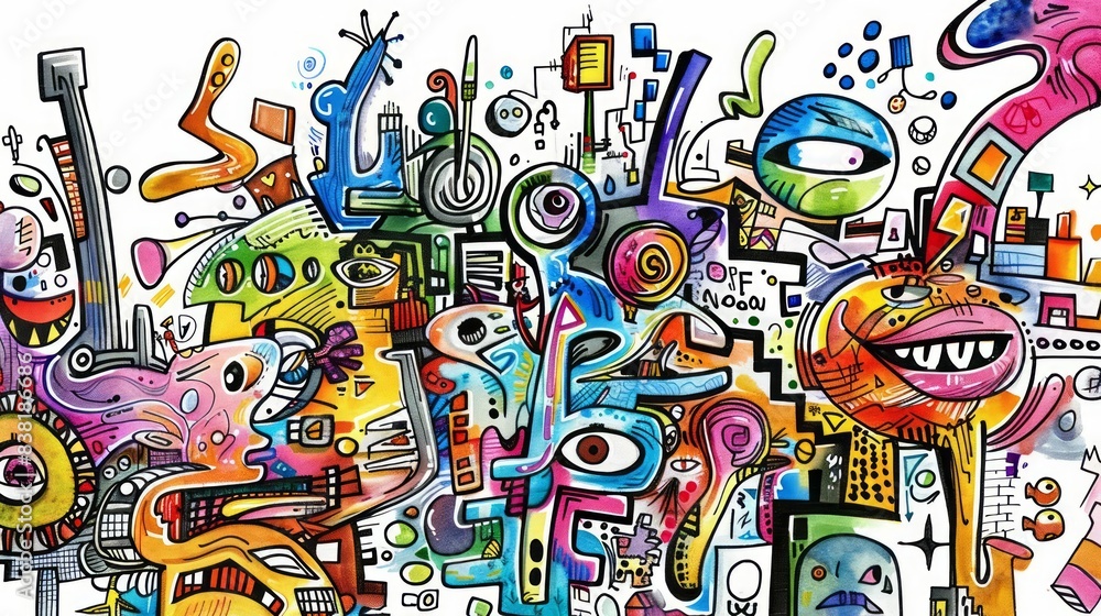 In a dynamic, futuristic market, adaptability is key, as seen through a creative doodle art depicting various strategies In a dynamic, futuristic market, adaptability is key, as seen through a creative doodle art depicting various strategies