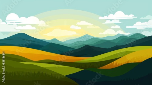 An idyllic and serene landscape illustration showcasing rolling hills and a peaceful rural setting.  © Made
