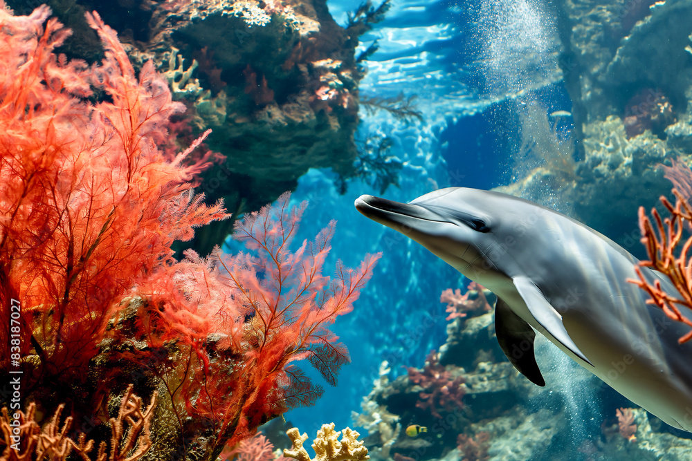 Fototapeta premium AI generated illustration of a dolphin gracefully navigating through sunlit coral reefs in the ocean