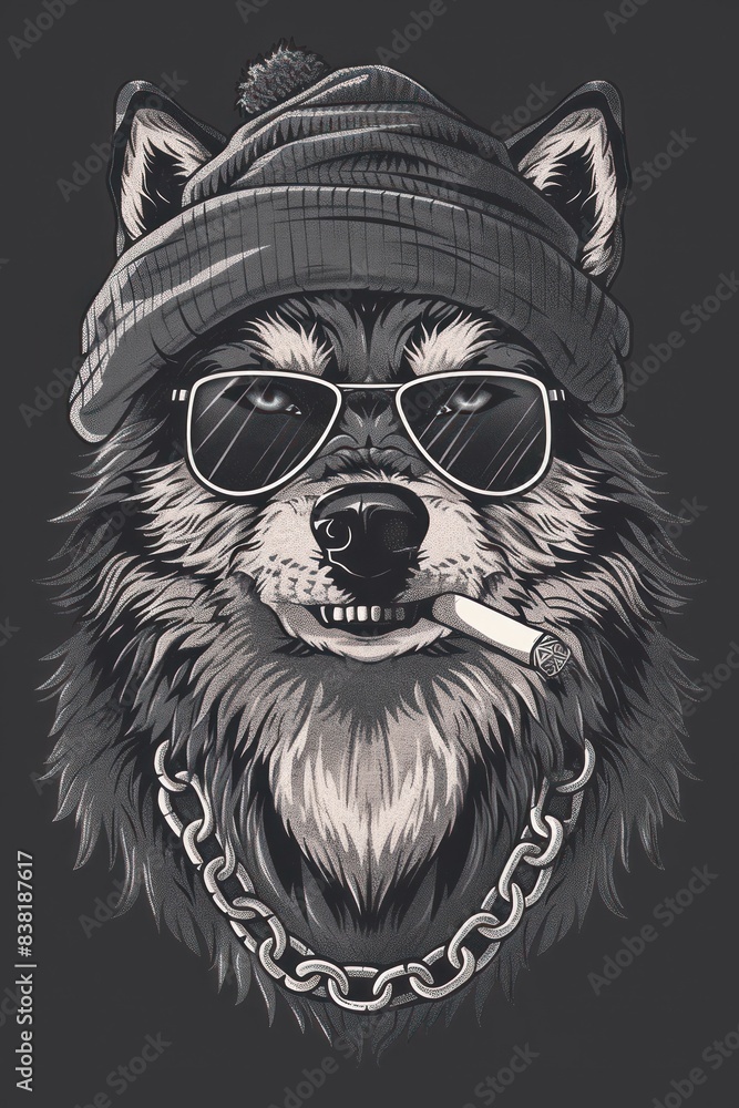 Fototapeta premium Wolf with cap and sunglasses, enjoying a cigar