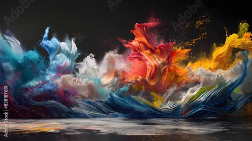 9. Envision a captivating portrayal of an abstract wave of colorful paint unfurling on a blank canvas, its rhythmic movement and vibrant hues inviting viewers to immerse themselves in the beauty of