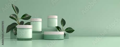 Green Beauty Product Jars With Leaves