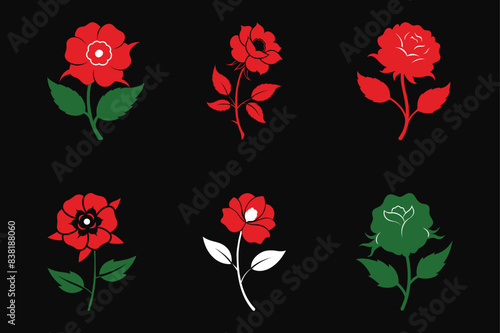 Set of wild prairie rose vector illustration on black background 