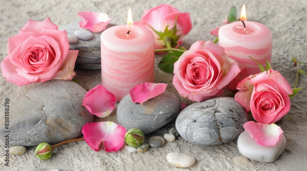 A group of light beige candles with pebbles and roses on a white table against a grey wall, in the style of a spa concept, with a minimalist style and beautiful composition. A group of light beige candles with pebbles and roses on a white table against a grey wall, in the style of a spa concept, with a minimalist style and beautiful composition.
