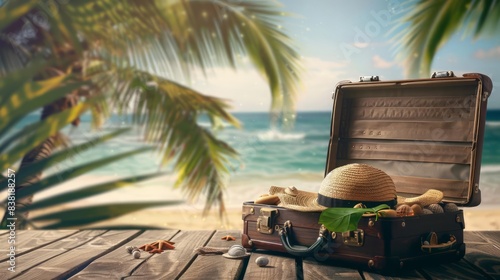 Open Suitcase Displaying An Exotic Getaway Scene With Space For Text, Perfect For A Vacation Travel Banner photo