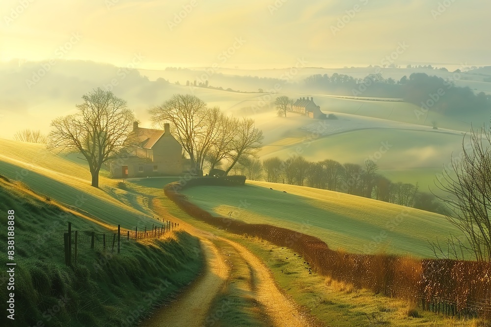 Obraz premium A winding road leads to a quaint cottage nestled in a misty, sun-drenched valley. The scene exudes tranquility and peace.