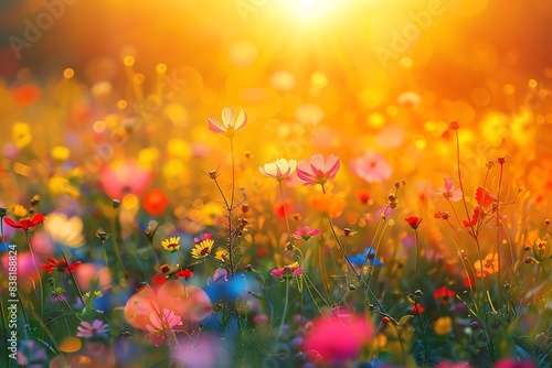 A vibrant field of wildflowers basking in the warm glow of a setting sun. © Pikul