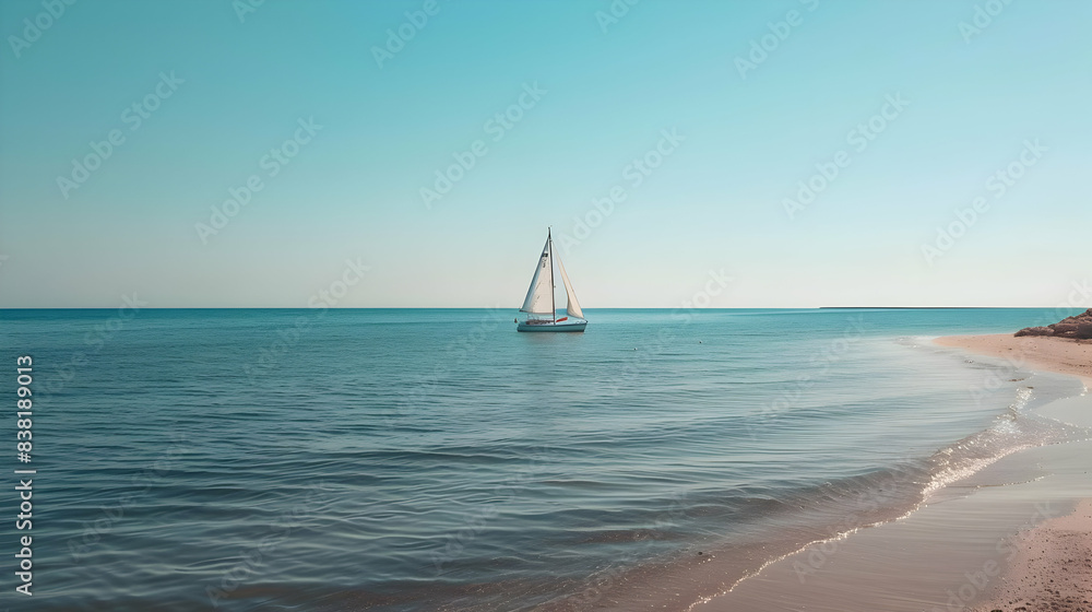Obraz premium A lone sailboat drifting on calm waters just off the shore of a sandy beach