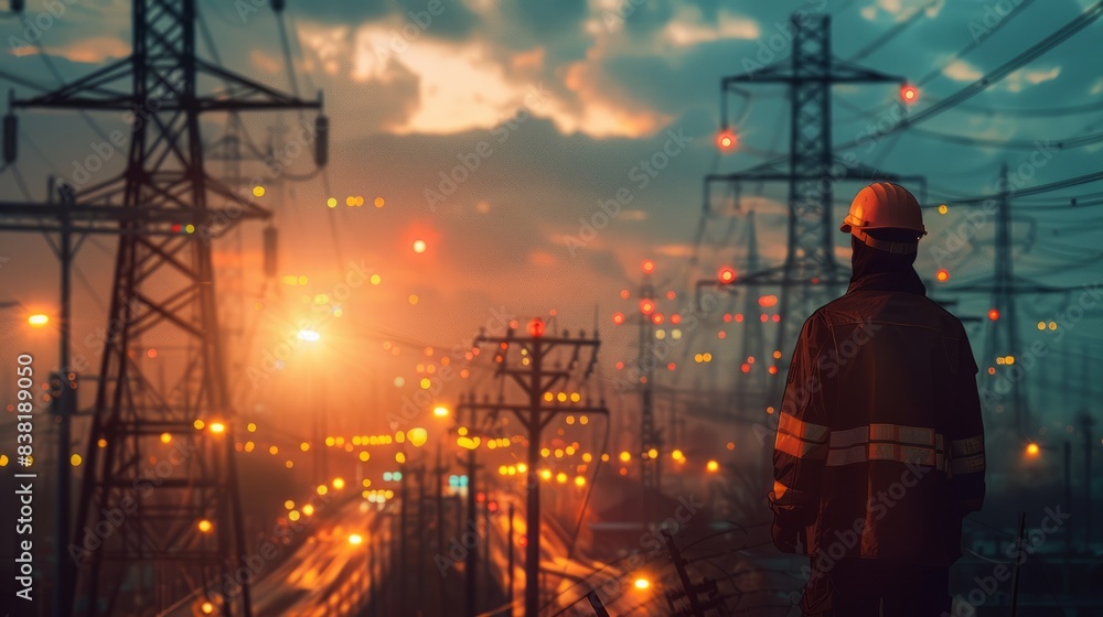 Industrial scene with a worker in safety gear inspecting power lines Industrial scene with a worker in safety gear inspecting power lines