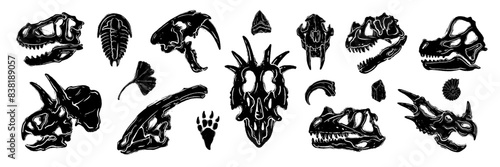 Dinosaur skeleton linocut print set, vector dino fossil skull tattoo, archaeology prehistoric icon. Jurassic reptile engraving sticker, triceratops silhouette, monster head. Dinosaur skeleton woodcut