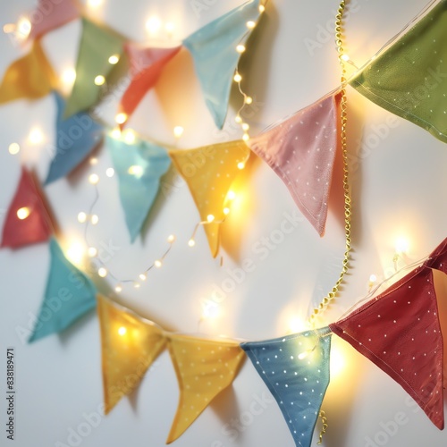 Colorful fabric bunting flags with warm white fairy lights, perfect for festive decorations or a whimsical touch.