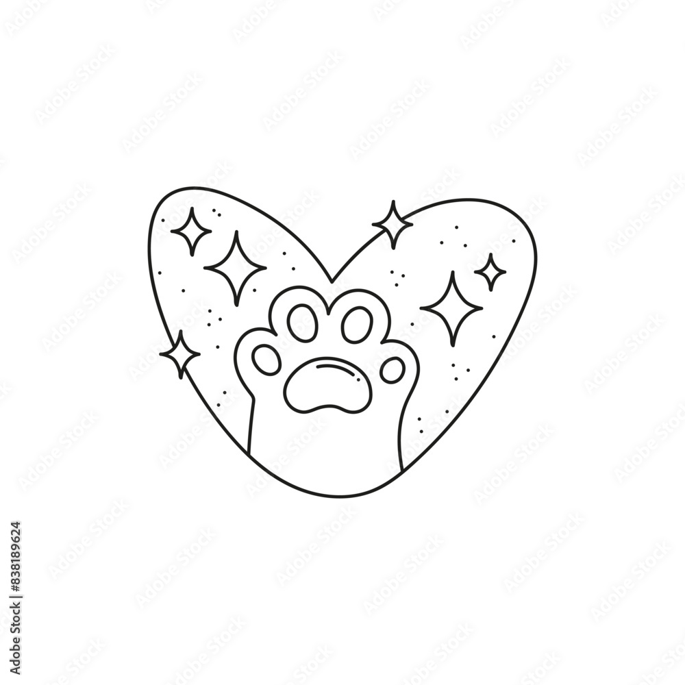 Cat's paw, heart, stars. Sticker. Black and white vector illustration. Cat's paw, heart, stars. Sticker. Black and white vector illustration.