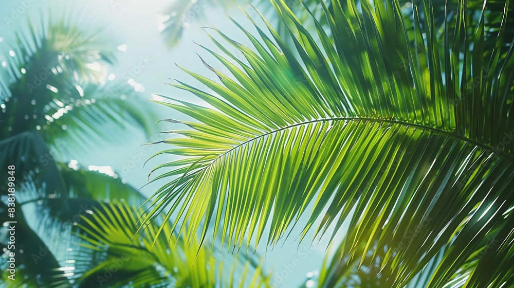 Sunlight filtering through lush green palm leaves, creating a tropical paradise backdrop.