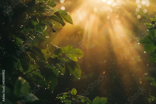 Sunbeams pierce through a canopy of leaves, creating a magical and ethereal scene. Dew drops glisten on the foliage, reflecting the golden light.