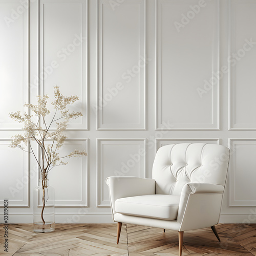 Modern wooden living , Living room interior has an white armchair on empty dark white wall background, room, Light room with sofa and armchair on empty dark White wall background,