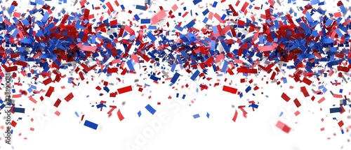 Festive red and blue confetti explosion on white background, perfect for celebrations, parties, and joyful events.