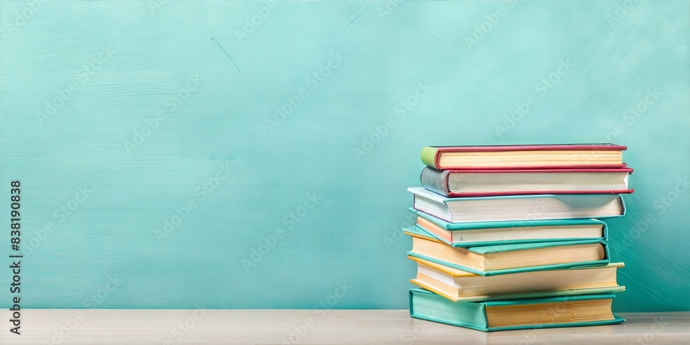 Fototapeta premium School book stack with turquoise background, symbolizing knowledge and education, learning, study