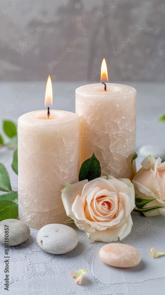 A group of light beige candles with pebbles and roses on a white table against a grey wall, in the style of a spa concept, with a minimalist style and beautiful composition.