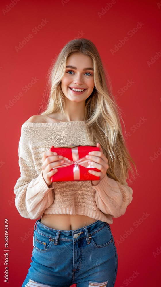 Amazed blonde young woman looking at camera with gift in hands Amazed blonde young woman looking at camera with gift in hands