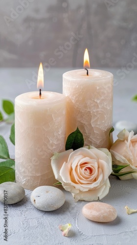 A group of light beige candles with pebbles and roses on a white table against a grey wall  in the style of a spa concept  with a minimalist style and beautiful composition.
