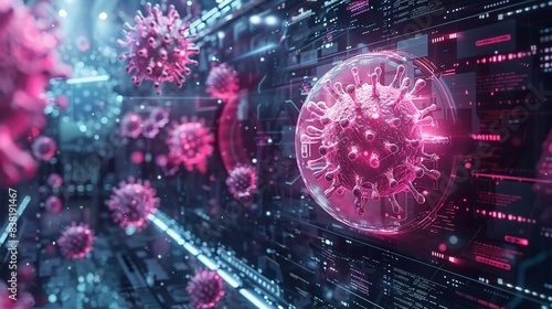 Computer screen displaying a magnified virus, surrounded by 3D virus models, pink hues, futuristic, high detail 8K , high-resolution, ultra HD,up32K HD