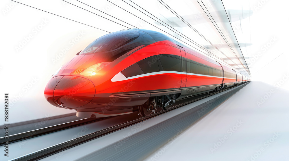 Fototapeta premium A sleek red and black train speeds through a tunnel. The train is surrounded by a bright light.