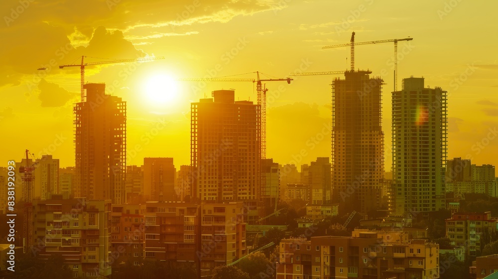Construction of new residential high-rise buildings. Against the background of a yellow sunset sky, crane, architecture, industrial, development, tower Construction of new residential high-rise buildings. Against the background of a yellow sunset sky, crane, architecture, industrial, development, tower