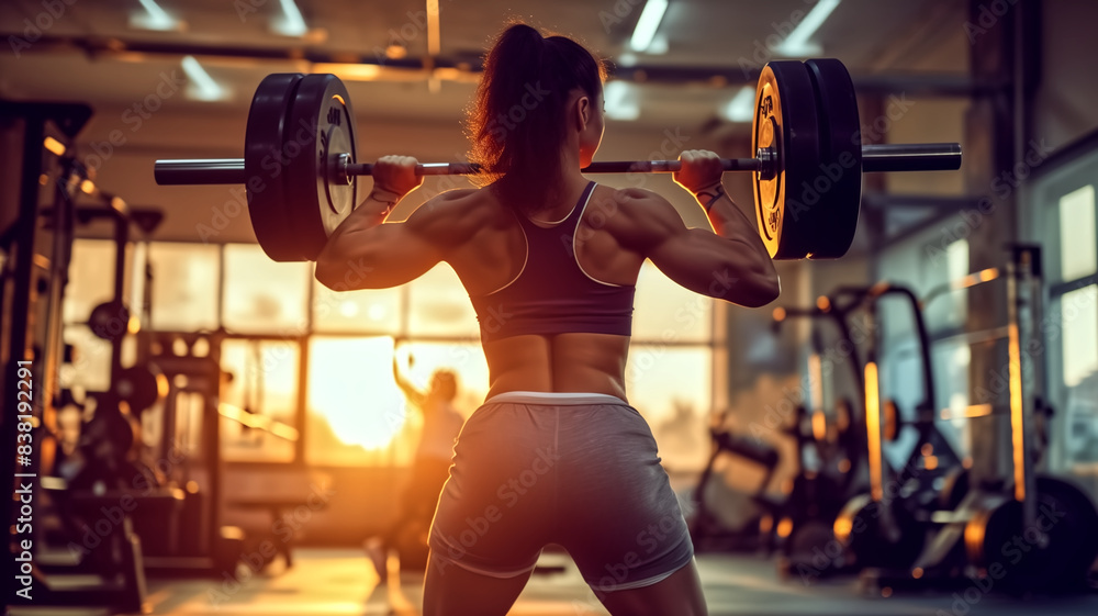 Female athlete lifting weights in a gym at sunset. Strength training ...