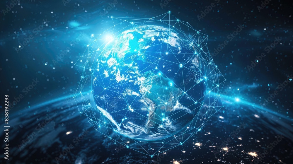 the Earth surrounded by a network of connections, representing the interconnectedness of the world through technology and communication. the Earth surrounded by a network of connections, representing the interconnectedness of the world through technology and communication.