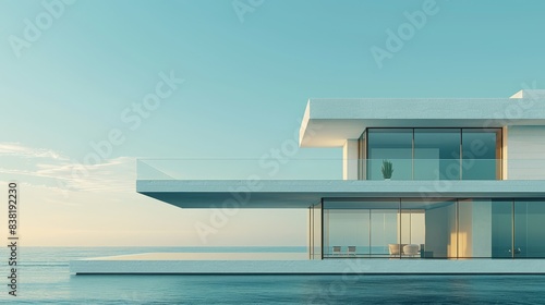 A minimalist house with clean lines and large windows selective focus on the geometry simplicity theme ethereal Multilayer Suburban backdrop. blender style