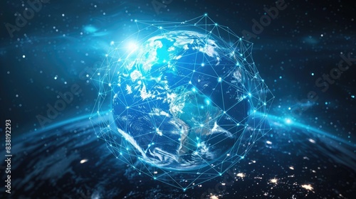 the Earth surrounded by a network of connections  representing the interconnectedness of the world through technology and communication.