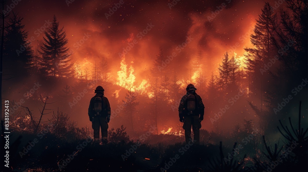 Two firefighters stand in a forest, silhouetted against a wall of flame. Two firefighters stand in a forest, silhouetted against a wall of flame.