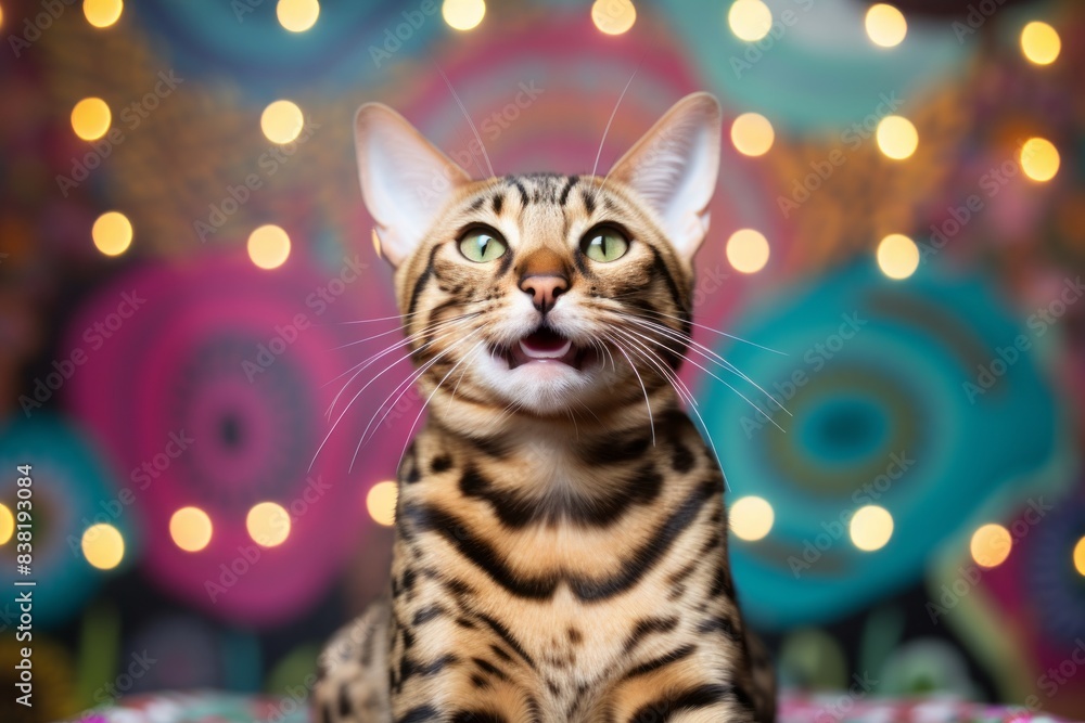 Portrait of a smiling bengal cat over vibrant yoga studio background