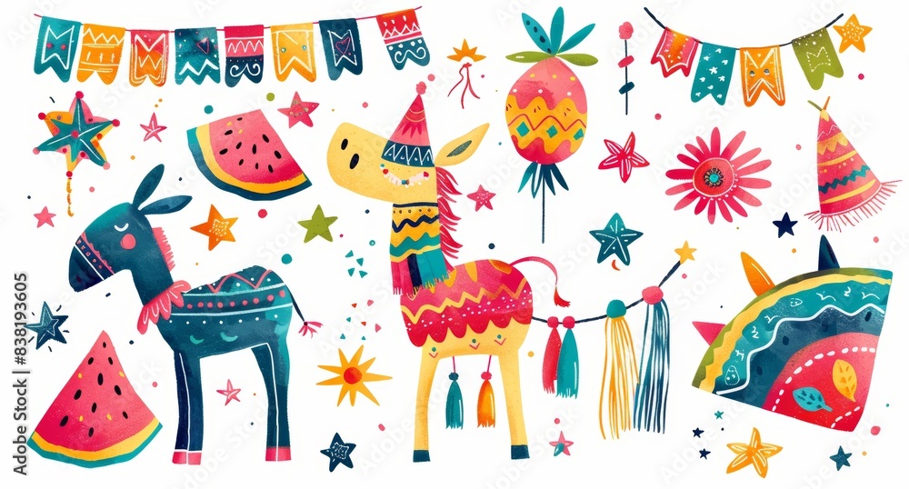 Fototapeta premium Cartoon Mexican pinata for children's birthday party. Set of funny paper horses and candy graphics. Unicorn, watermelon and star design collection to hit the target.